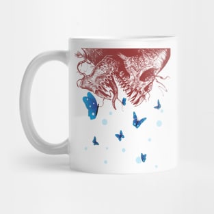 skulls and blue butterflies flying around it Mug